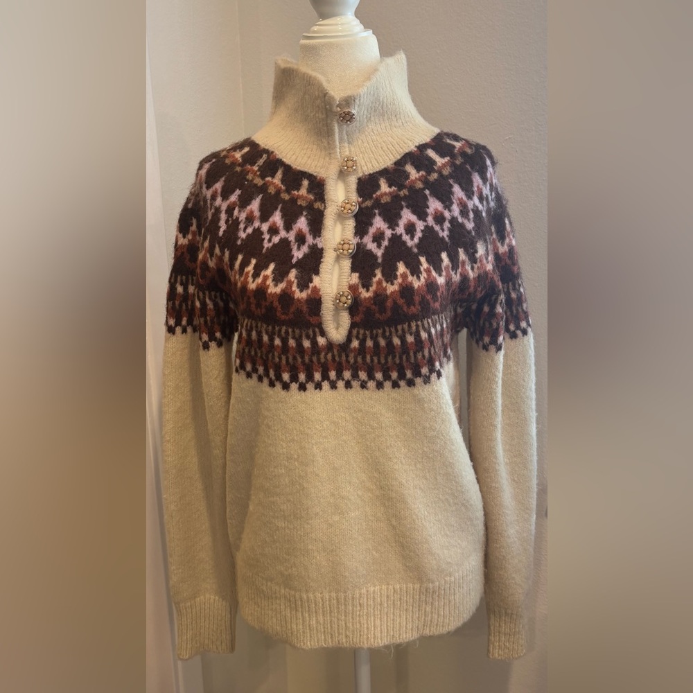 Fair Isle Cozy Cream and Brown Patterned Sweater